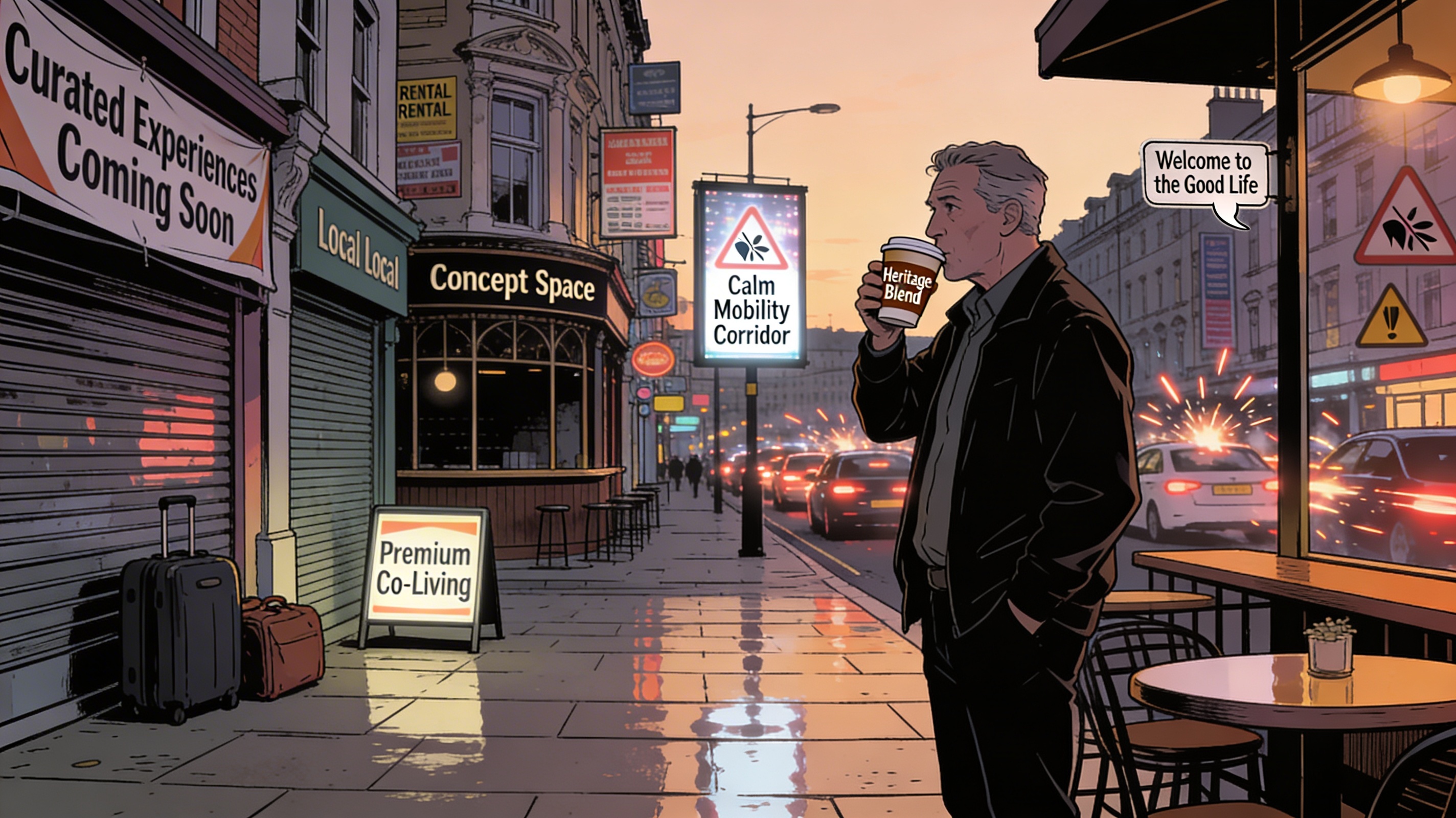 Urban streetscape, city centre, western Europe, present day.