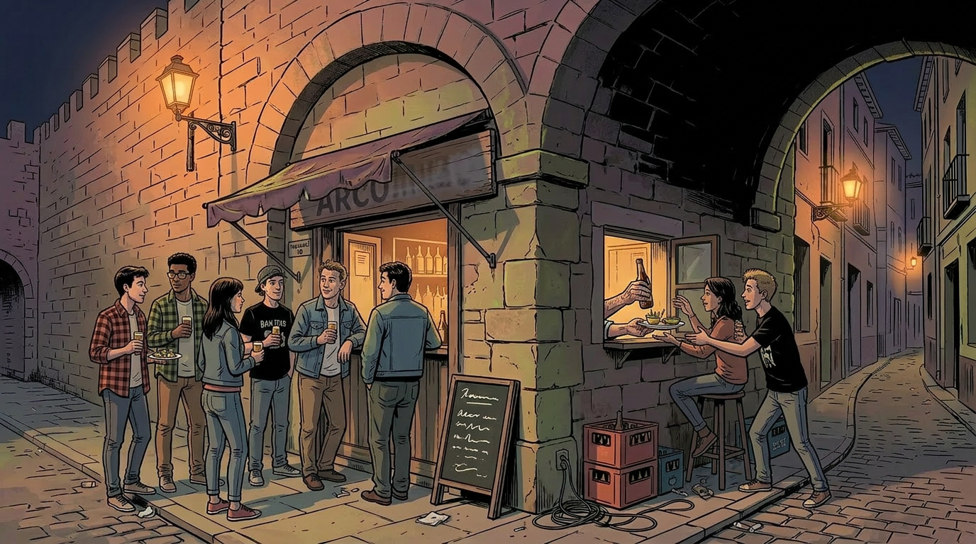 Small bar seen from the street at night, with bottles   being passed through an open window to a group standing on the   pavement outside.