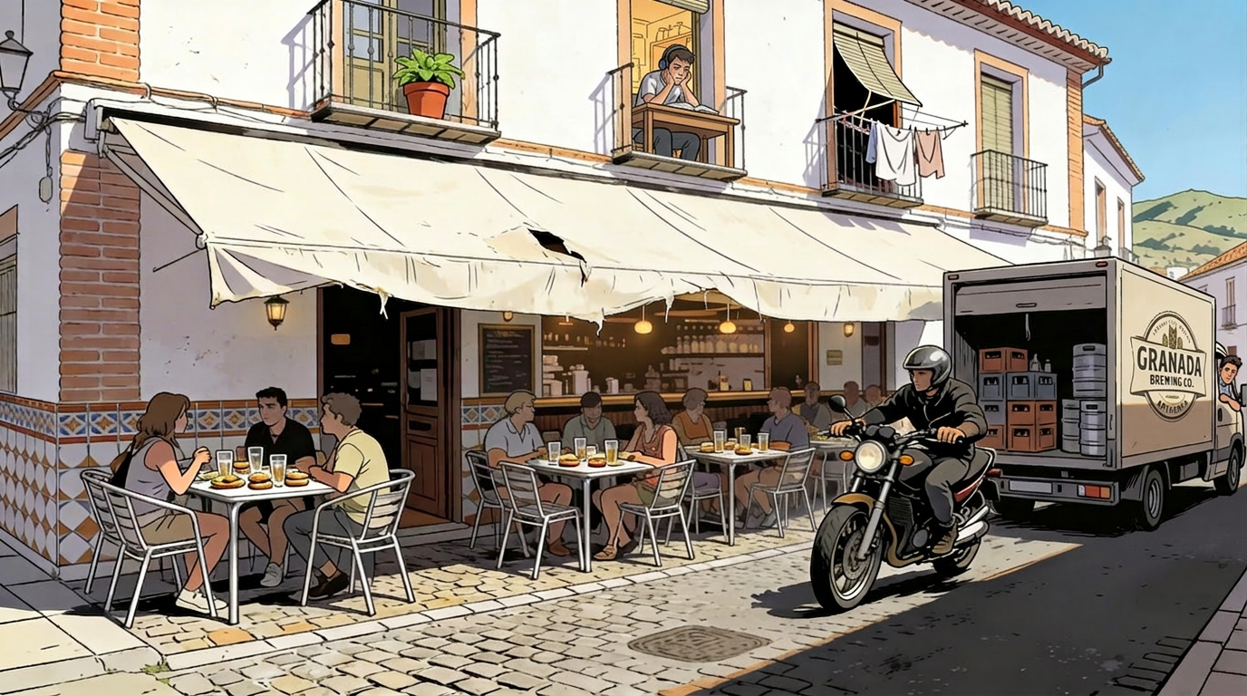 Hospitality terrace under a linen awning on a cobbled   central Granada street, summer afternoon, with residential   windows visible above and motorcycles passing.