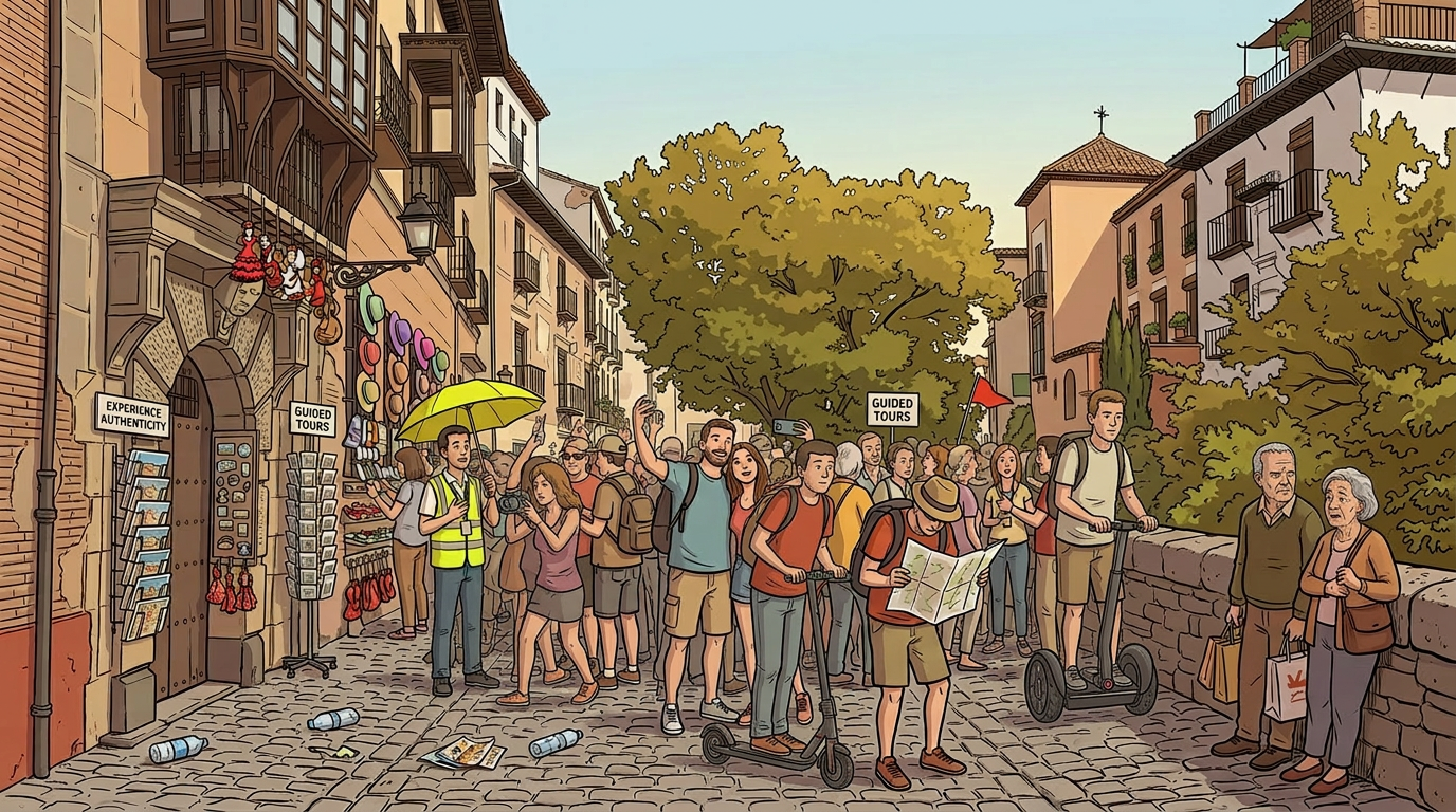 Cobbled street in central Granada, mid-morning,   with two guided groups, several pedestrians on   electric scooters and an elderly couple on the kerb,   a souvenir display in the foreground and a sign on the   doorway reading EXPERIENCE AUTHENTICITY.